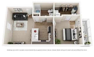 A floor plan of a house with a kitchen, living room, and two bedrooms.