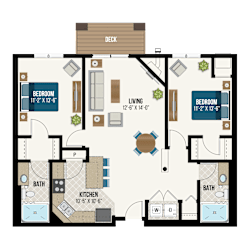 Two bedroom two bath floor plan at Waterford Commons Apartments, Rosemount
