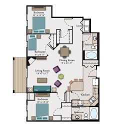 A floor plan of a house with a living room, two bedrooms, a dining room, a kitchen, and two bathrooms.