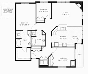 A black and white image of a house floor plan with a den, two bathrooms, a kitchen, a dining area, a living room, and three bedrooms.