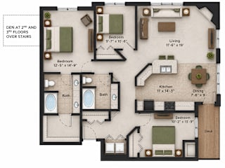 A floor plan of a house with three bedrooms, two bathrooms, a living room, a kitchen, and a dining area.
