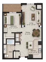 A floor plan of a small apartment with a living room, dining room, kitchen, and bathroom.