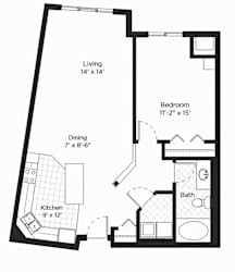A black and white image of a floor plan for a small apartment.