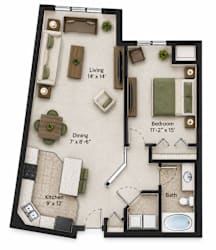 A floor plan of a small apartment with a living room, dining room, kitchen, and bathroom.