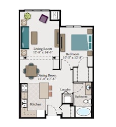 A floor plan of a small apartment with a living room, dining room, kitchen, and bathroom.