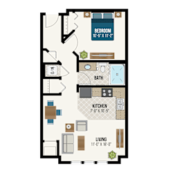 One bedroom one bathroom apartment floor plan at Waterford Commons Apartments, Minnesota, 55068