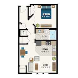 One bedroom 1 bathroom apartment floor plan at Waterford Commons Apartments, Rosemount, MN