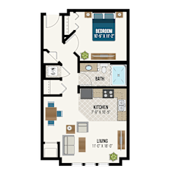 One bedroom apartment floor plan with open layout at Waterford Commons Apartments, Rosemount, 55068