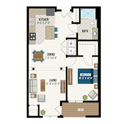 One bedroom apartment floor plan with deck at Waterford Commons Apartments, Minnesota