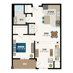 One bedroom one bath apartment floor plan at Waterford Commons Apartments, Rosemount