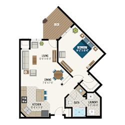 One bedroom apartment floor plan with laundry room at Waterford Commons Apartments, Rosemount, Minnesota