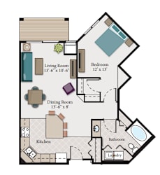 A floor plan of a house with a living room, dining room, kitchen, bathroom, bedroom, and laundry room.