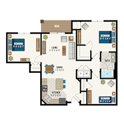 Three bedroom two bath floor plan layout at Waterford Commons Apartments, Rosemount