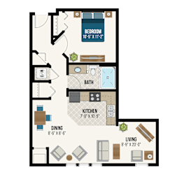 One bedroom apartment floor plan with dining area at Waterford Commons Apartments, Minnesota, 55068