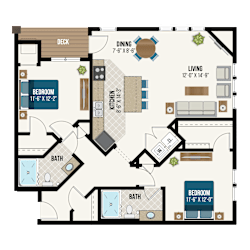 Two bedroom two bath apartment floor plan at Waterford Commons Apartments, Rosemount, MN 55068