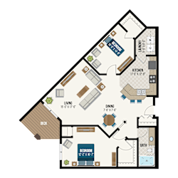 Two bedroom two bath apartment layout with deck at Waterford Commons Apartments, Rosemount, 55068