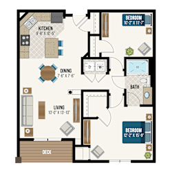 2 bedroom two bath apartment floor plan at Waterford Commons Apartments, Rosemount