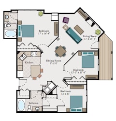 A floor plan of a house with a living room, two bedrooms, a kitchen, a dining room, and two bathrooms.