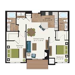 A floor plan of a house with a living room, dining room, kitchen, and three bedrooms.
