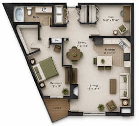 A floor plan of a house with a den, dining room, kitchen, living room, bedroom, and deck.