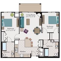 A floor plan of a small apartment with a living room, two bedrooms, a kitchen, a bathroom, and a laundry area.