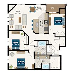 Three bedroom two bathroom apartment floor plan at Waterford Commons Apartments, Minnesota, 55068