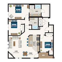 Three bedroom two bath floor plan with deck at Waterford Commons Apartments, Rosemount, MN 55068