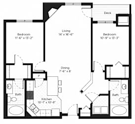 A black and white image of a floor plan for a house with a deck, two bedrooms, a living room, a dining room, a kitchen, and two bathrooms.