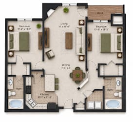 A floor plan of a house with a deck, two bedrooms, a living room, a dining room, a kitchen, and two bathrooms.