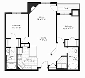 A black and white image of a house floor plan with a living room, two bedrooms, a dining room, a kitchen, and two bathrooms.
