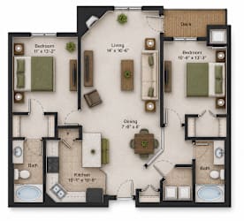 A floor plan of a house with two bedrooms, a living room, a dining room, a kitchen, and two bathrooms.