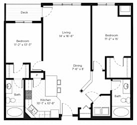 A black and white image of a floor plan for a house with a deck, two bedrooms, a living room, a dining room, a kitchen, and two bathrooms.