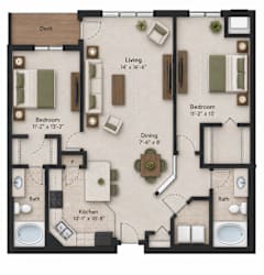 A floor plan of a house with a living room, two bedrooms, a dining room, a kitchen, and two bathrooms.
