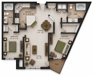 A 3D floor plan of a house with a kitchen, dining area, two bedrooms, a bathroom, and a deck.