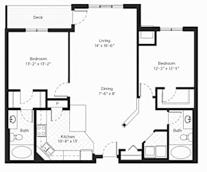 A black and white image of a house floor plan with a deck, two bedrooms, a living room, a dining room, a kitchen, and two bathrooms.