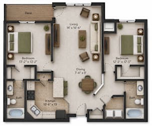 A floor plan of a house with a deck, two bedrooms, a living room, a dining room, a kitchen, and two bathrooms.