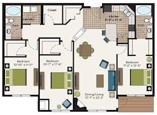 Two bedroom two bath floor plan layout at The Communities of River Crossing Apartments, Minnesota, 55116