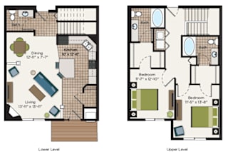 Two bedroom townhome floor plan with dual level at The Communities of River Crossing Apartments, Saint Paul, MN