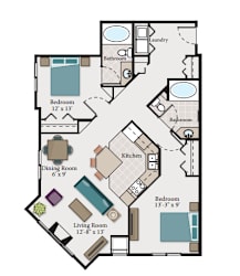A floor plan of a house with a living room, dining room, kitchen, and three bedrooms.