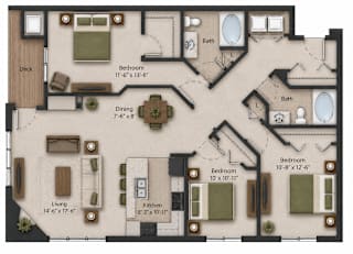 A floor plan of a house with a deck, two bathrooms, a dining area, a living room, and three bedrooms.