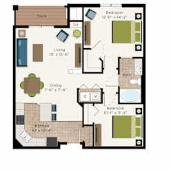 Two bedroom apartment floor plan with dual entry at The Communities of River Crossing Apartments, Saint Paul