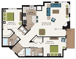 Two bedroom two bath layout with private balcony at The Communities of River Crossing Apartments, Saint Paul