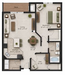 A floor plan of a house with a deck, living room, kitchen, dining room, bedroom, bathroom, and den.