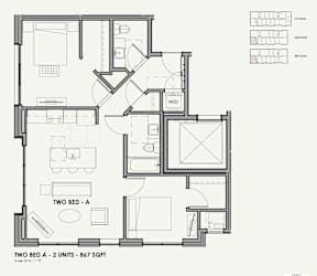 A black and white image of a two bedroom apartment layout.