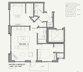 A black and white image of a two bedroom apartment layout.