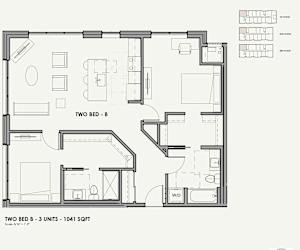 A floor plan of a two bedroom apartment with 3 units and a total area of 1041 square feet.
