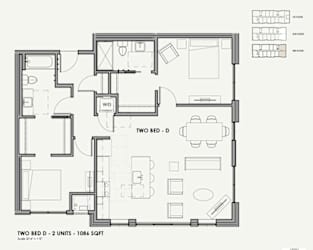 A black and white image of a two bedroom apartment layout.