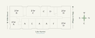 A diagram of a street layout with buildings and Lake Harriet.