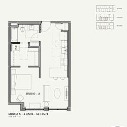 A floor plan of a studio apartment with labeled rooms and furniture.