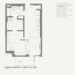 A black and white drawing of a studio apartment layout.